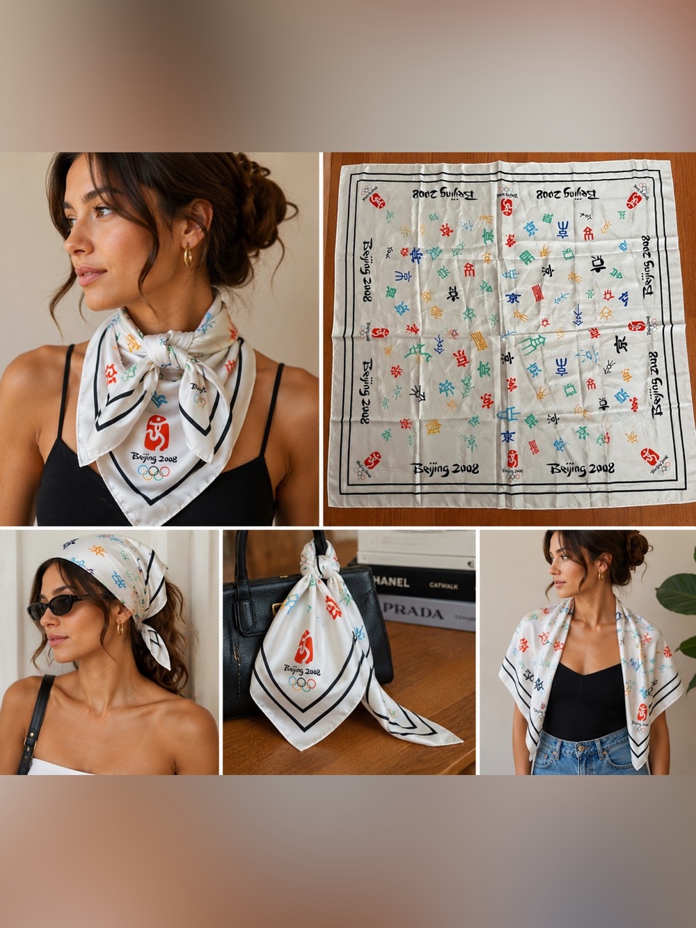 2008 Beijing Olympics 100% Silk Scarf Bandana White Multicolor 39” Square
